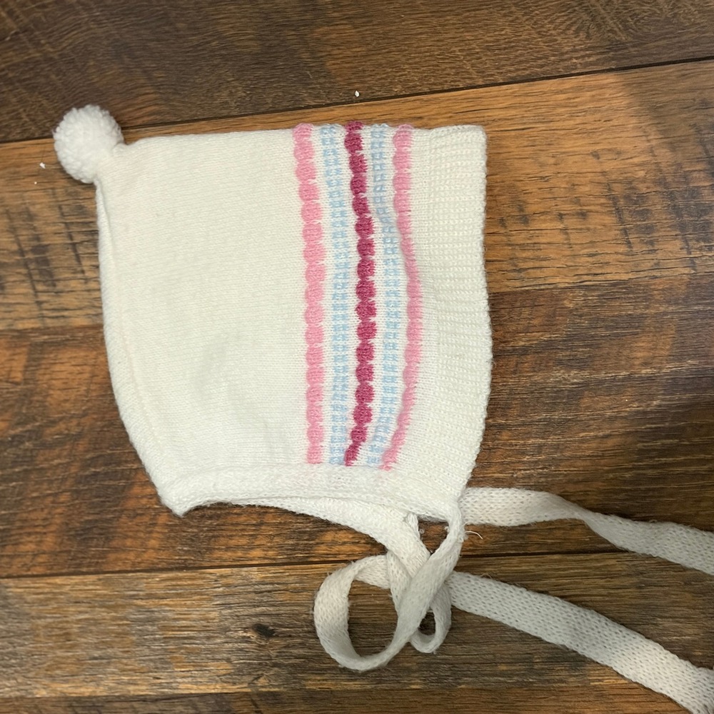 Vintage Style Knit Baby Bonnet Cream White Pink Blue Striped Pixie Pom Hat